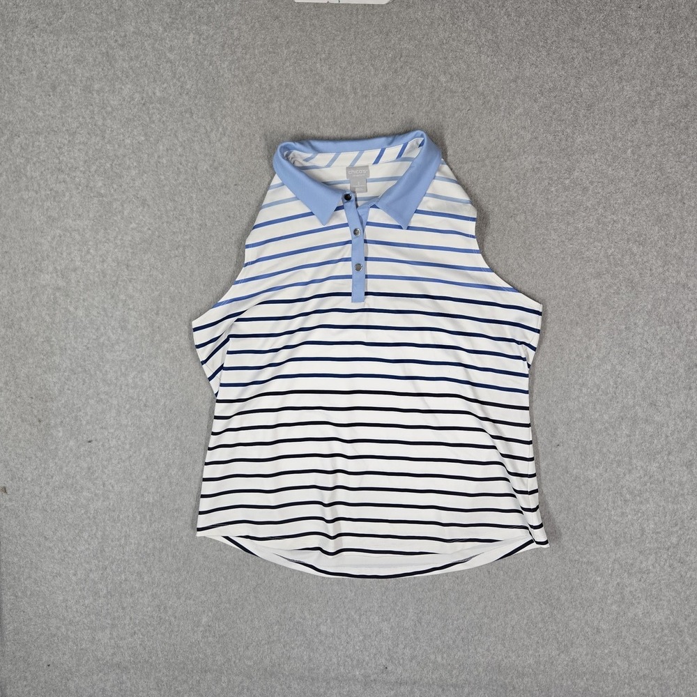 Chico's‎ Zenergy Women Polo 2 Large Blue Striped Snap Collar Sleeveless Pullover